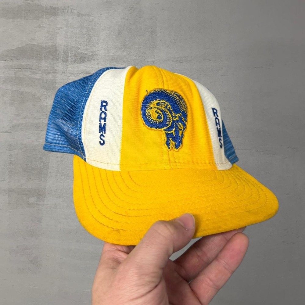 AJD Trucker Hat Yellow Los Angeles Rams Vintage Lucky Strip Snapback OSFA